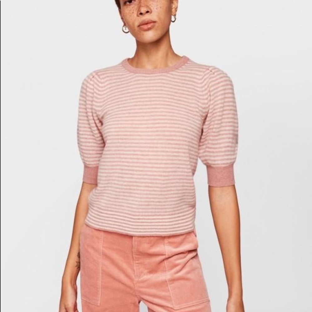 White + Warren- Puff Sleeve Striped Crewneck